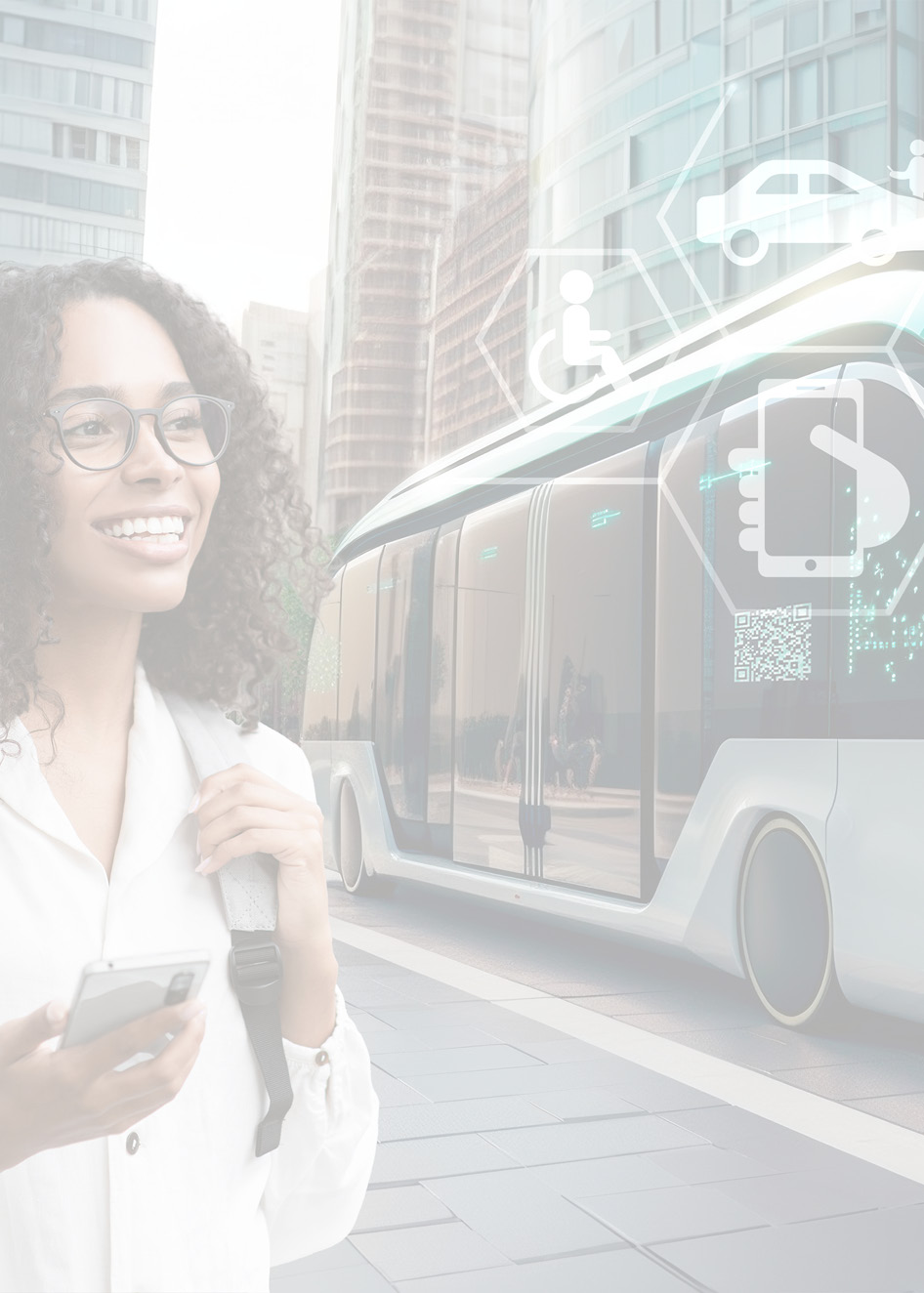 woman with glasses in front of a bus
